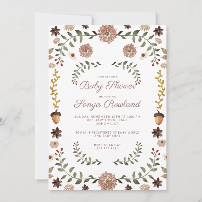 Woodland Fall Greenery Florals Baby Shower Invitation (Front)