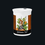 Woodland Fall Harvest Elf  Beverage Pitcher<br><div class="desc">Welcome the Fall season with this whimsical watercolor illustrated woodland harvest elf / nymph perched on large pumpkins with orange and black striped background and a customizable text strip at the bottom</div>