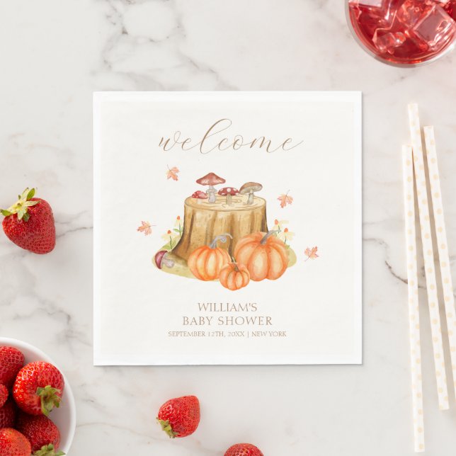Woodland Fall Pumpkin Mushroom Baby Shower Welcome Napkins (Insitu)
