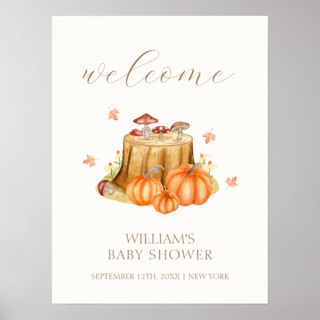 Woodland Fall Pumpkin Mushroom Baby Shower Welcome Poster (Front)