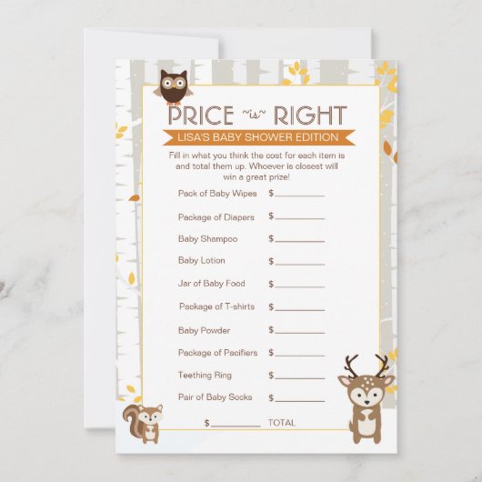 Woodland Fall / Winter Baby Shower Price Game (Front)