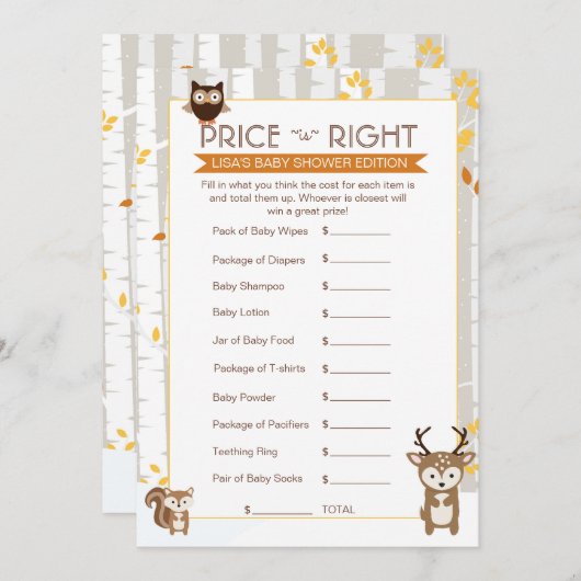 Woodland Fall / Winter Baby Shower Price Game (Front/Back)