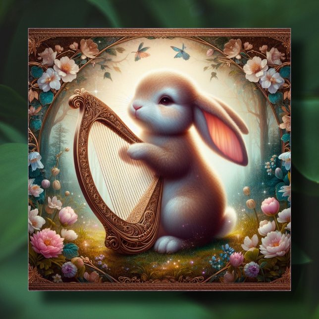 Woodland Fantasy Bunny Flowers Harp Easter  Holiday Card (Creator Uploaded)