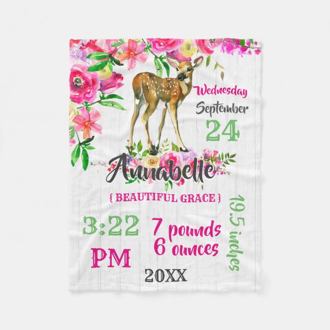 Woodland Fawn Deer Watercolor Baby Birth Stats Fleece Blanket (Front)