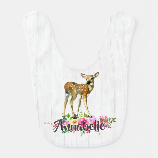 Woodland Fawn Deer Watercolor Floral Baby Monogram Bib (Front)