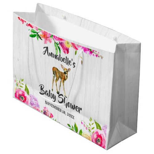 Woodland Fawn Deer Watercolor Floral Baby Shower Large Gift Bag