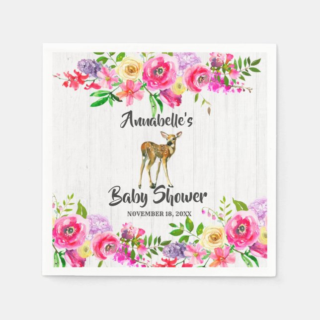 Woodland Fawn Deer Watercolor Floral Baby Shower Napkins (Front)