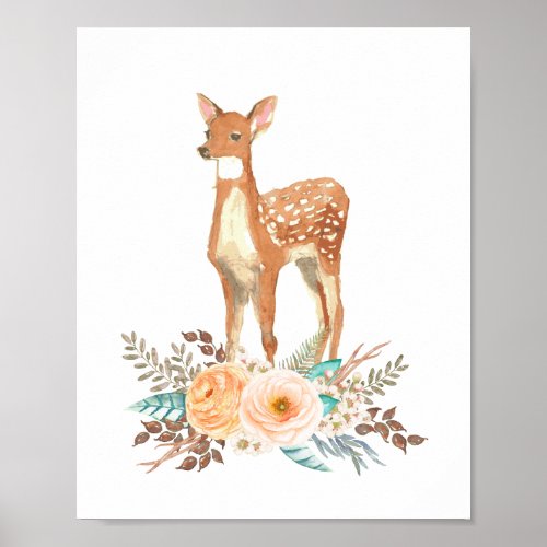Woodland Fawn Floral Baby Deer Nursery Poster