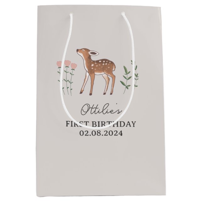 Woodland Fawn Flowers Birthday Medium Gift Bag (Front)