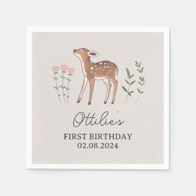 Woodland Fawn Flowers Birthday Napkins (Front)