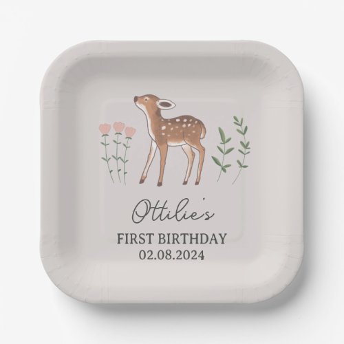 Woodland Fawn Flowers Birthday Paper Plates