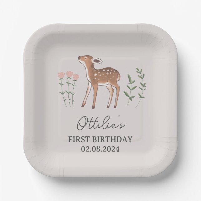Woodland Fawn Flowers Birthday Paper Plates (Front)