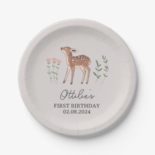 Woodland Fawn Flowers Birthday Paper Plates