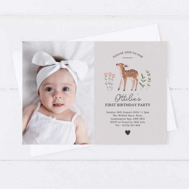 Woodland Fawn Flowers Photo Birthday Invitation (Creator Uploaded)