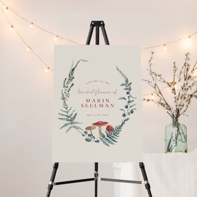 Woodland Fern Forest Mushroom Bridal Shower Sign (In Situ (Stand))