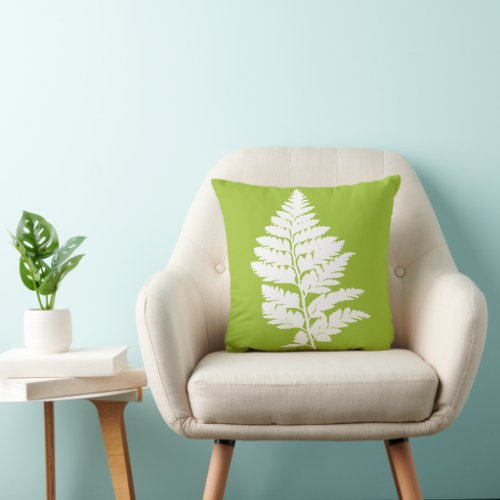 Woodland Fern Leaf Frond White on Lime Green Throw Pillow