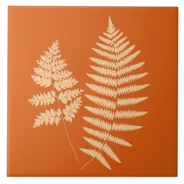 Woodland Fern, Mandarin and Pastel Orange Ceramic Tile (Front)