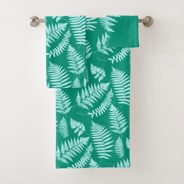 Woodland Fern Pattern, Aqua and Turquoise Bath Towel Set (Insitu)