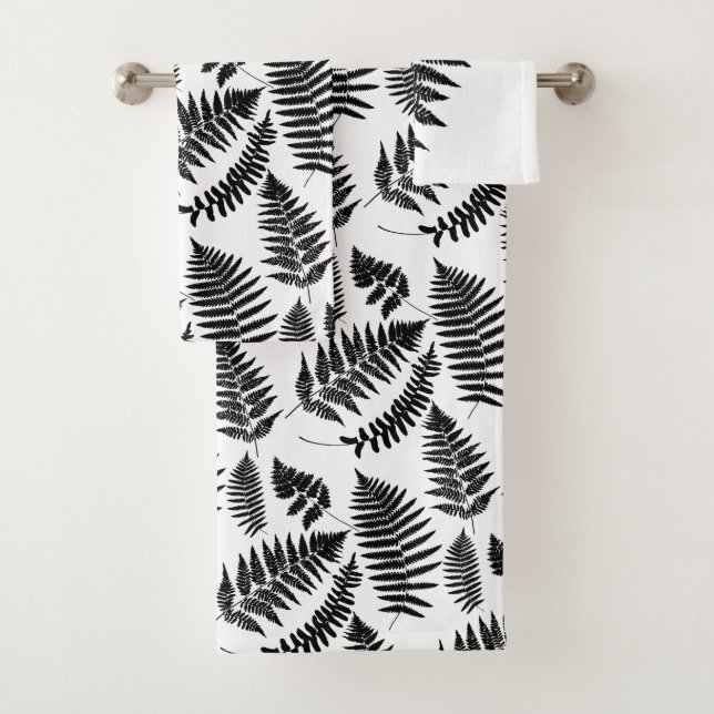 Woodland Fern Pattern, Black and White Bath Towel Set (Insitu)