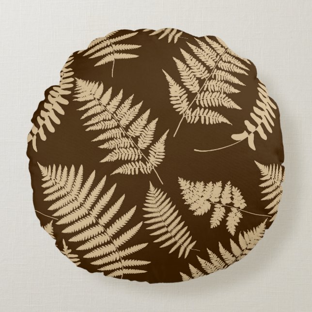 Woodland Fern Pattern, Brown and Beige Round Pillow (Front)