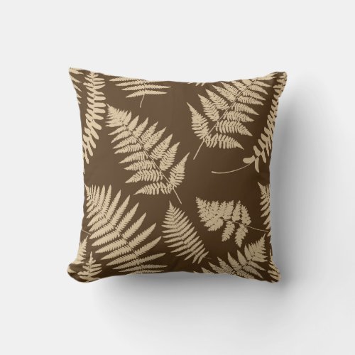 Woodland Fern Pattern Brown and Beige Throw Pillow