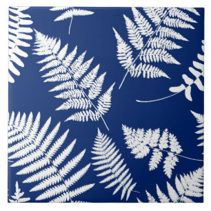 Woodland Fern Pattern, Cobalt Blue and White Ceramic Tile
