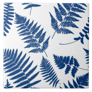 Woodland Fern Pattern, Cobalt Blue on White Ceramic Tile