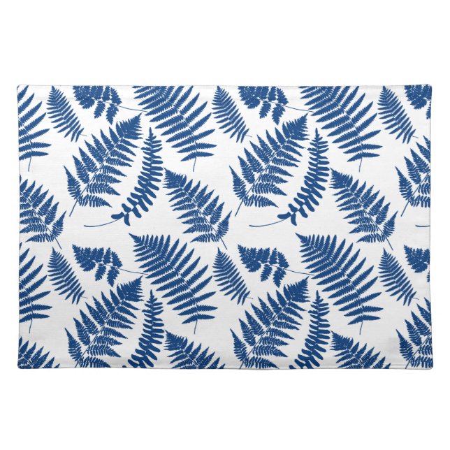 Woodland Fern Pattern, Cobalt Blue on White  Cloth Placemat (Front)