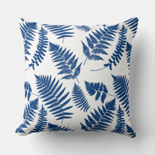 Woodland Fern Pattern, Cobalt Blue on White   Throw Pillow