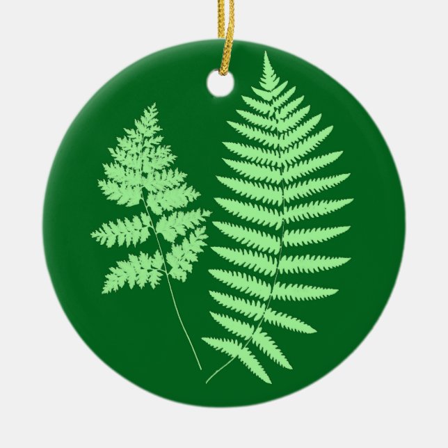 Woodland Fern Pattern, Emerald and Light Green  Ceramic Ornament (Front)