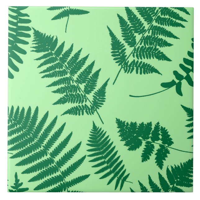 Woodland Fern Pattern, Emerald and Light Green  Ceramic Tile (Front)