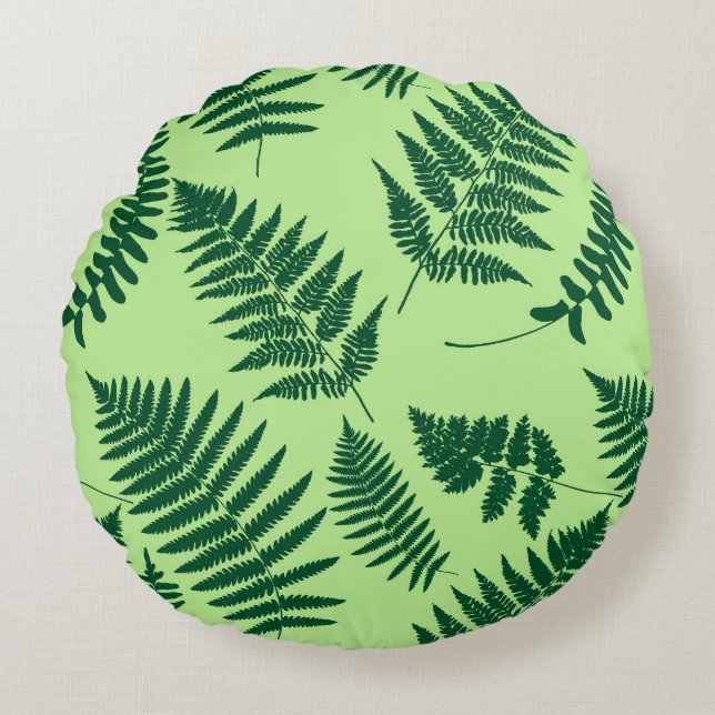 Woodland Fern Pattern, Emerald and Light Green Round Pillow (Front)