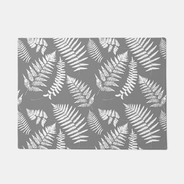 Woodland Fern Pattern, Gray / Grey and White Doormat (Front)
