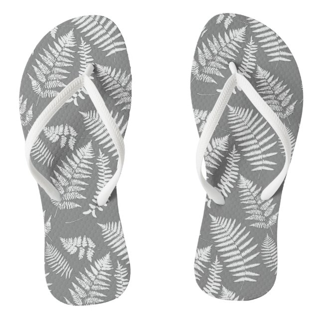 Woodland Fern Pattern, Gray / Grey and White Flip Flops (Footbed)