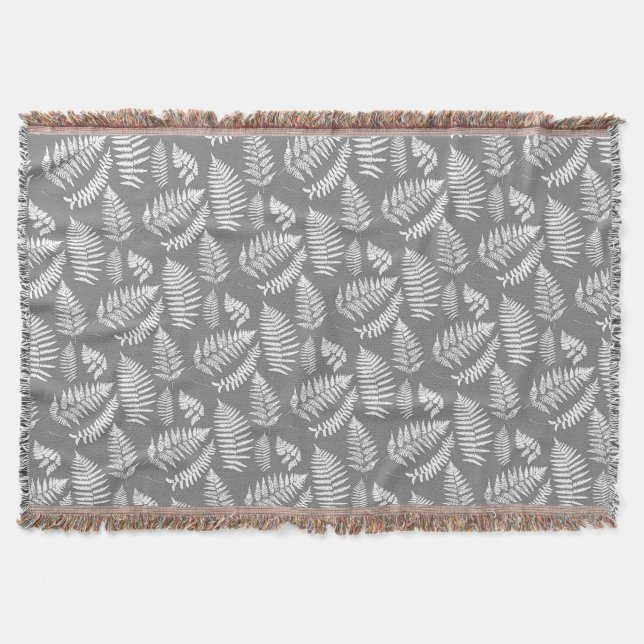 Woodland Fern Pattern, Gray / Grey and White Throw Blanket (Front)