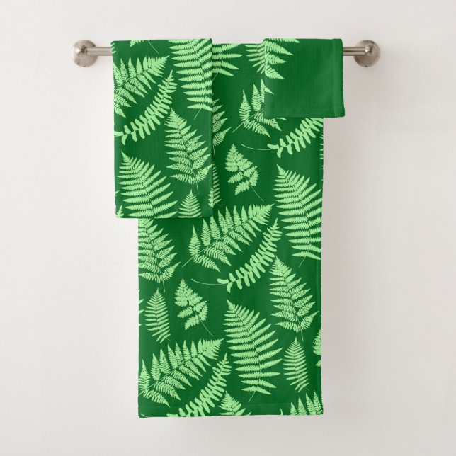 Woodland Fern Pattern, Light Green and  Emerald Bath Towel Set (Insitu)