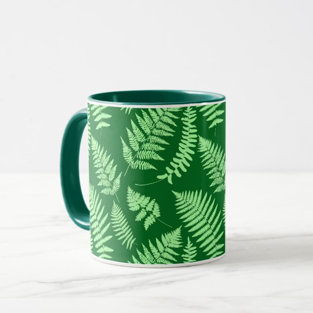 Woodland Fern Pattern, Light Green and  Emerald  Mug (Front Left)