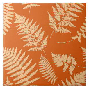 Woodland Fern Pattern, Mandarin and Pastel Orange  Ceramic Tile