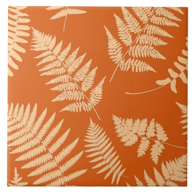 Woodland Fern Pattern, Mandarin and Pastel Orange  Ceramic Tile (Front)