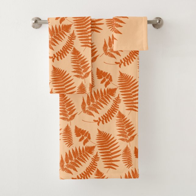 Woodland Fern Pattern, Pastel and Deep Orange Bath Towel Set (Insitu)