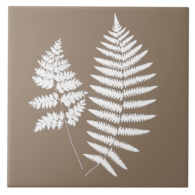 Woodland Fern Pattern, Taupe Tan and White Ceramic Tile (Front)