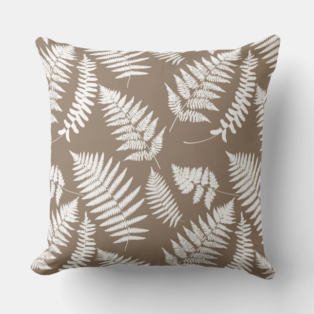 Woodland Fern Pattern, Taupe Tan and White  Throw Pillow (Front)