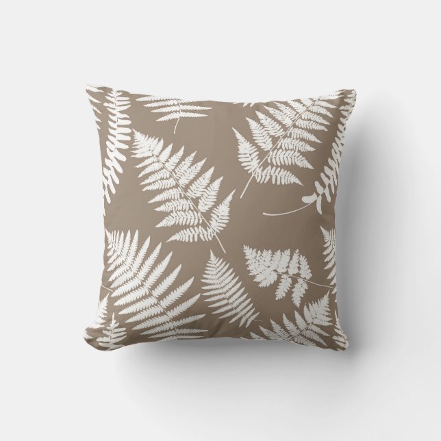 Woodland Fern Pattern, Taupe Tan and White Throw Pillow (Front)