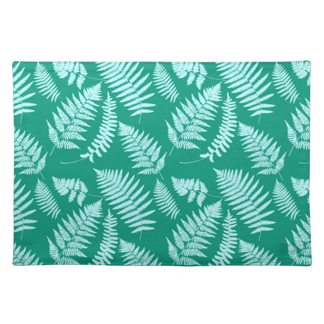 Woodland Fern Pattern, Turquoise and Aqua  Cloth Placemat (Front)