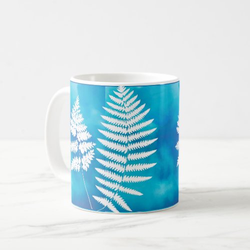 Woodland Fern Pattern White on Blue Watercolor  Coffee Mug