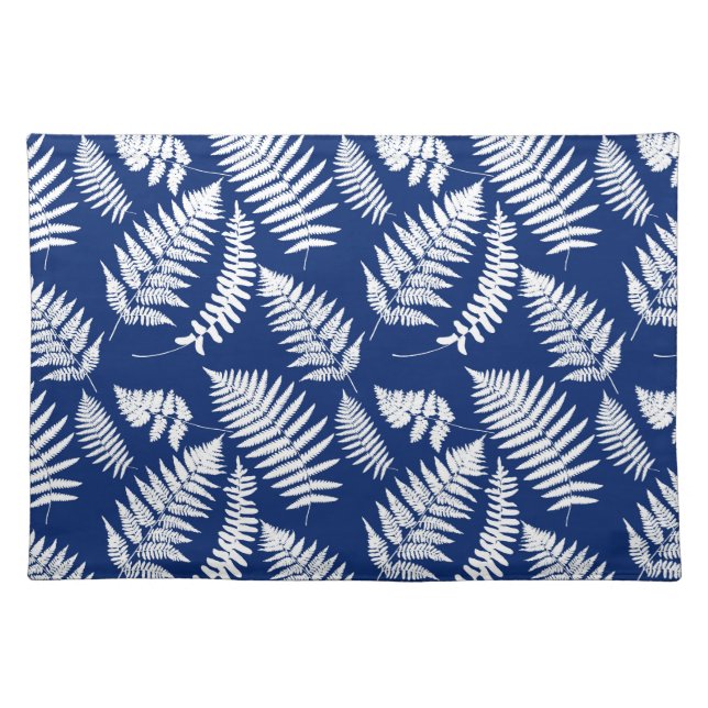  Woodland Fern Pattern, White on Cobalt Blue  Cloth Placemat (Front)