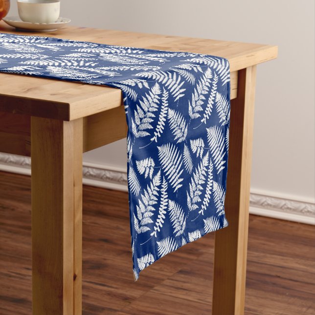  Woodland Fern Pattern, White on Cobalt Blue  Short Table Runner (In Situ)