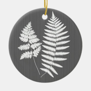 Woodland Fern White on Charcoal Gray / Grey  Ceramic Ornament