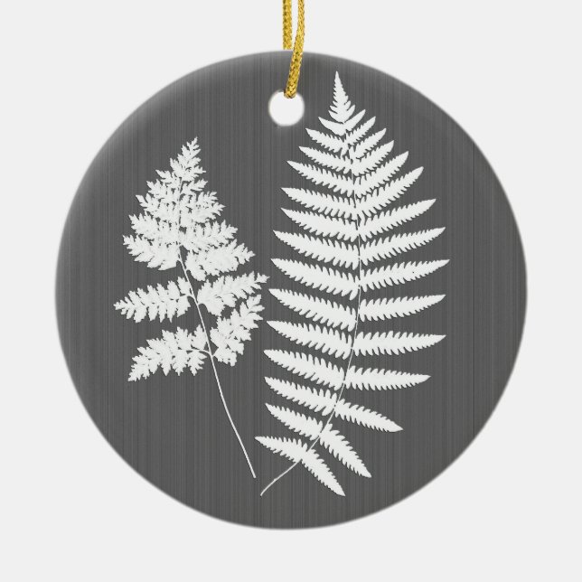 Woodland Fern White on Charcoal Gray / Grey  Ceramic Ornament (Front)