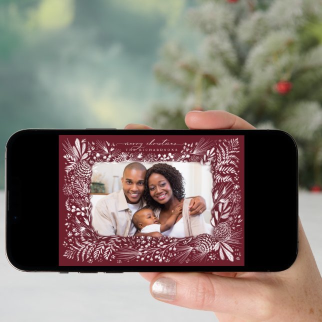 Woodland Ferns Pine Cone Burgundy Holiday Card (Front Digital)